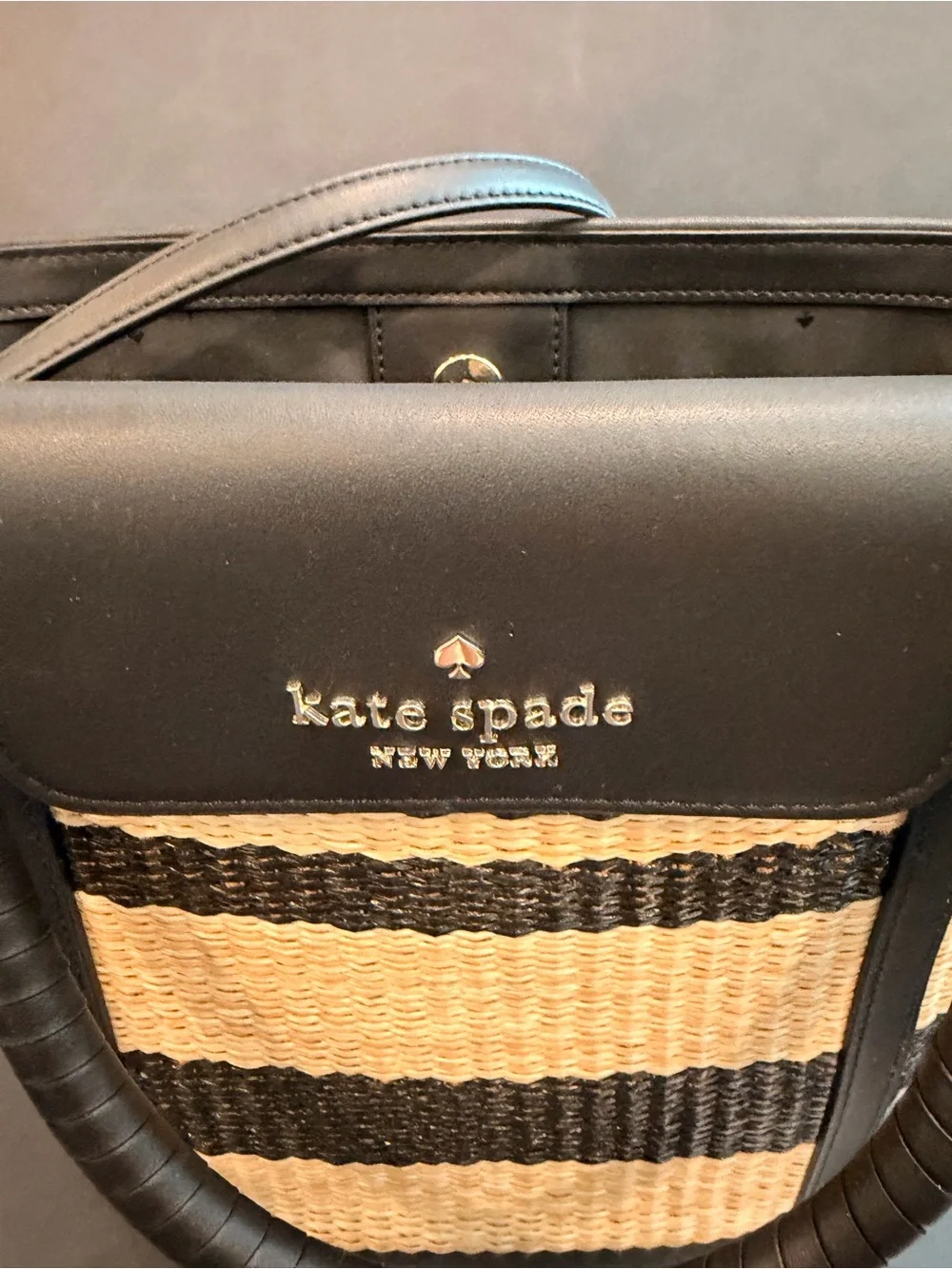 Like New kate spade Straw Tote in Black and Natural Stripe